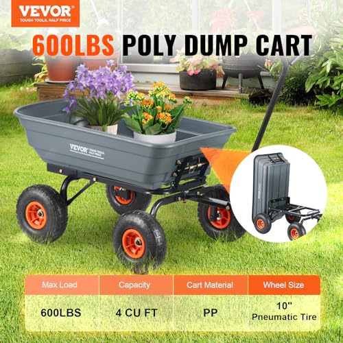 Gray 4 Cu.Ft. 600lbs Poly Garden Cart Dump Wagon with Steel Frame V901776