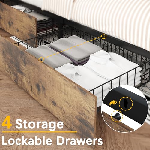 Rustic Grey Queen Bed Frame with Headboard, 4 Storage Drawers, Charging Station, LED N410954