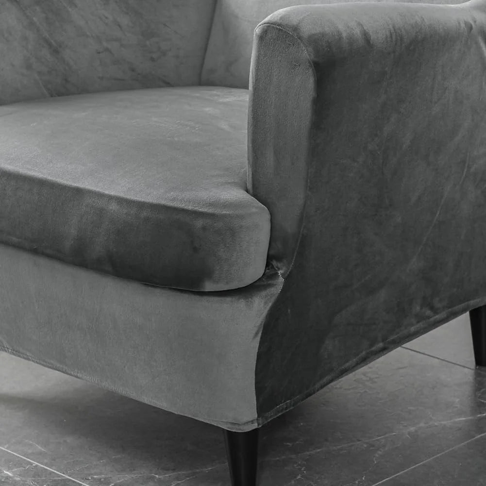 Dark Grey Velvet Stretch Wingback Chair Sofa Slipcover with Elastic Bottom R438