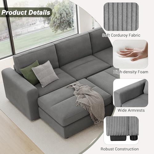 Gray Corduroy Modular Sofa with Two Ottomans E41056