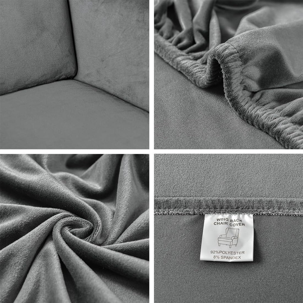 Dark Grey Velvet Stretch Wingback Chair Sofa Slipcover with Elastic Bottom R438