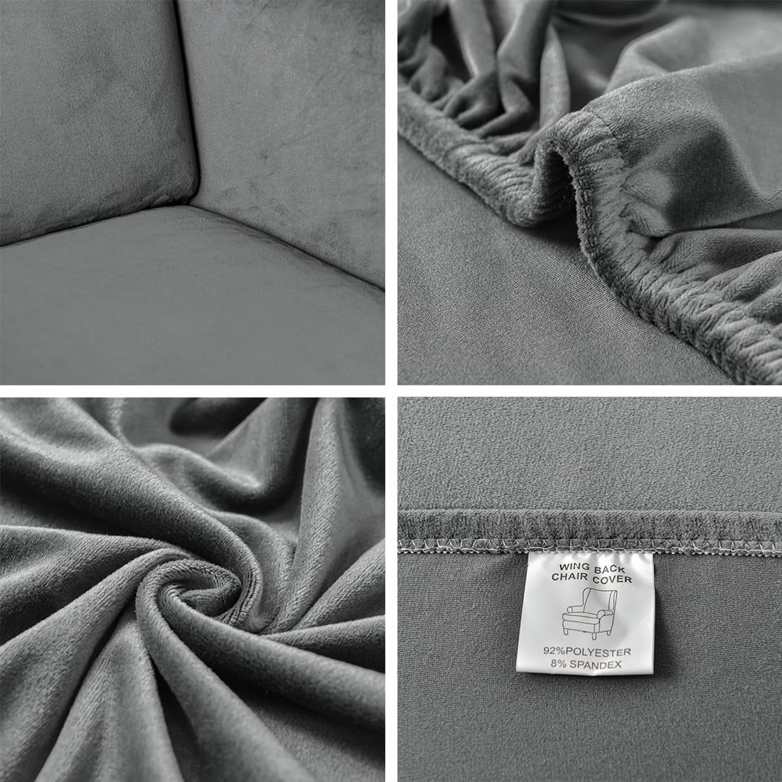 Dark Grey Velvet Stretch Wingback Chair Sofa Slipcover with Elastic Bottom R438