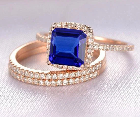 Princess Cut Blue Sapphire And Moissanite Diamond Halo Trio Wedding Ring Bridal Set in 10k Rose Gold B622