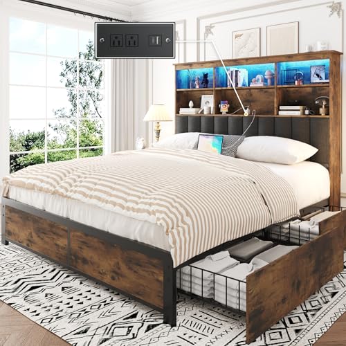 Rustic Grey Queen Bed Frame with Headboard, 4 Storage Drawers, Charging Station, LED N410954