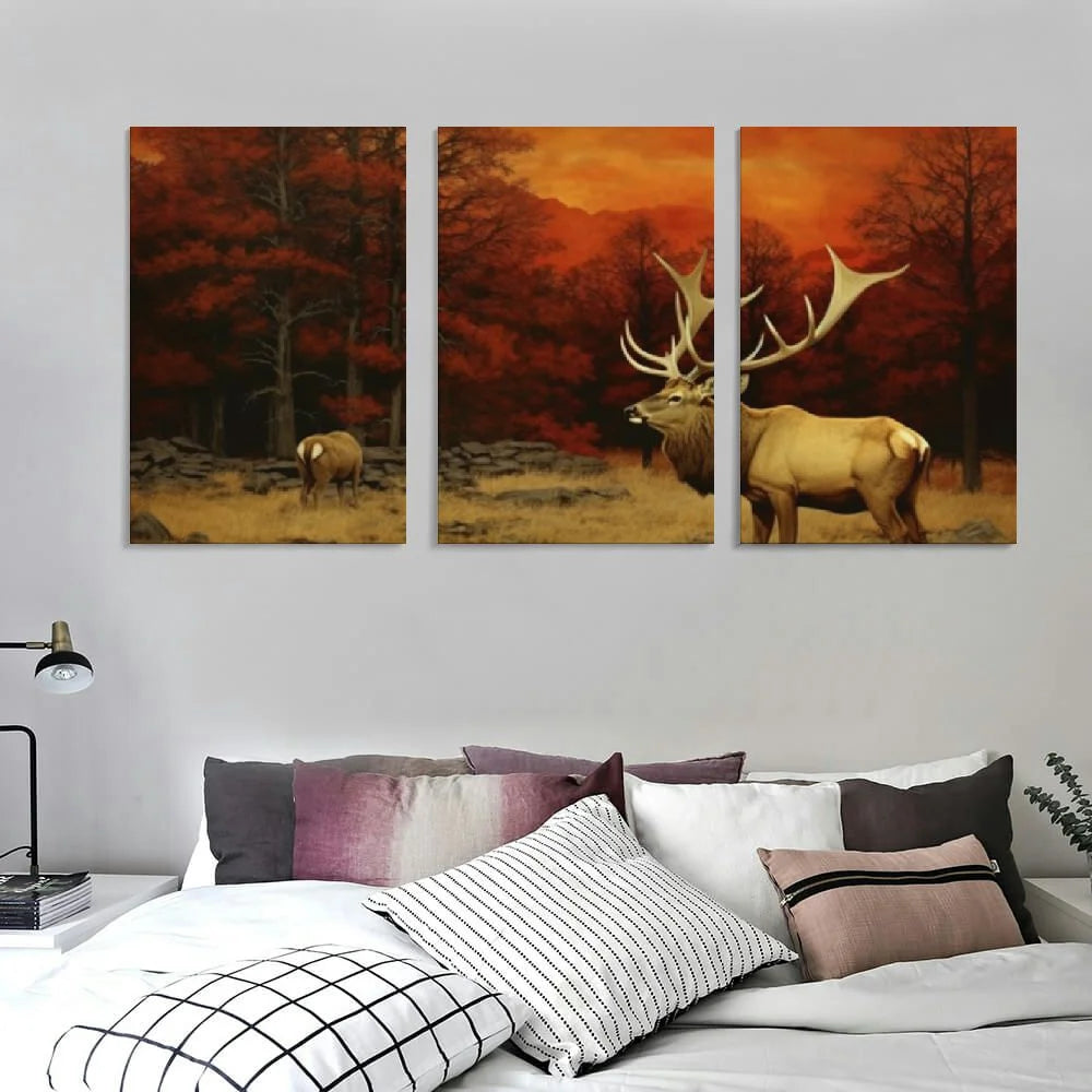 Deer Elk Forest Canvas Wall Art Painting Prints 12''x16'' 3 Panels J836283