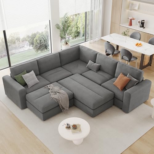 Gray Corduroy Modular Sofa with Two Ottomans E41056