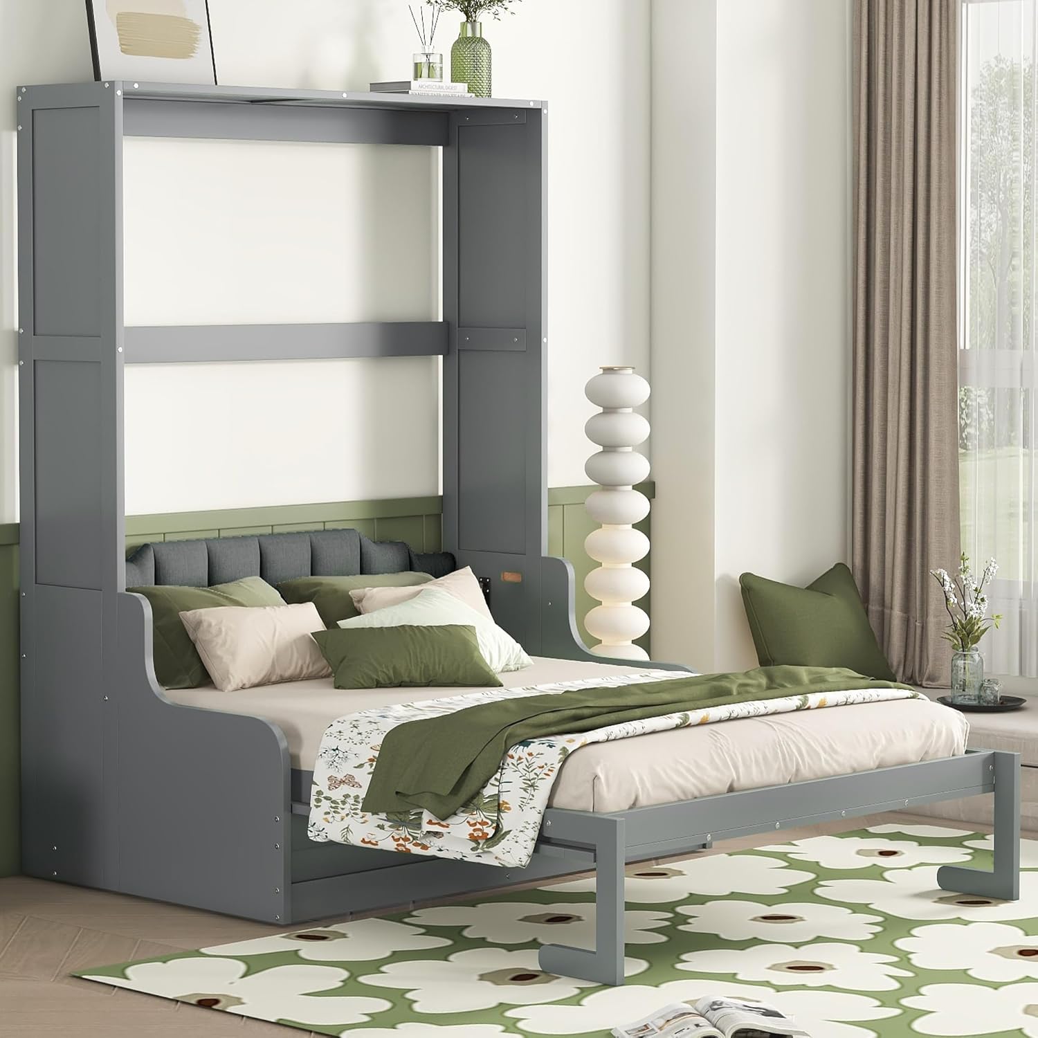 Queen Size Solid Wood Murphy Bed with Upholstered Headboard (Gray) F7103