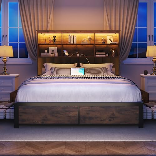 Rustic Grey Queen Bed Frame with Headboard, 4 Storage Drawers, Charging Station, LED N410954