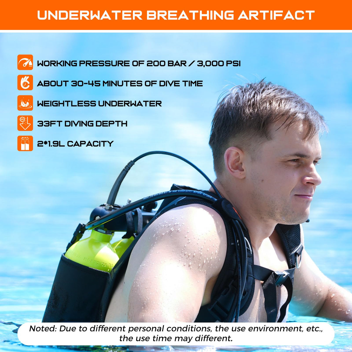 Mini Scuba Diving Tank 1.9L Double Scuba Tank Reusable Small Pony Bottle with 30-45 Mins Portable Twin Diving Air Tank Kit Diving Oxygen Cylinder U941048