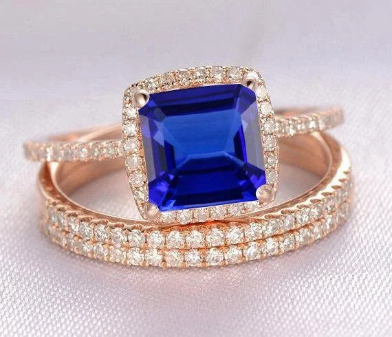Princess Cut Blue Sapphire And Moissanite Diamond Halo Trio Wedding Ring Bridal Set in 10k Rose Gold B622