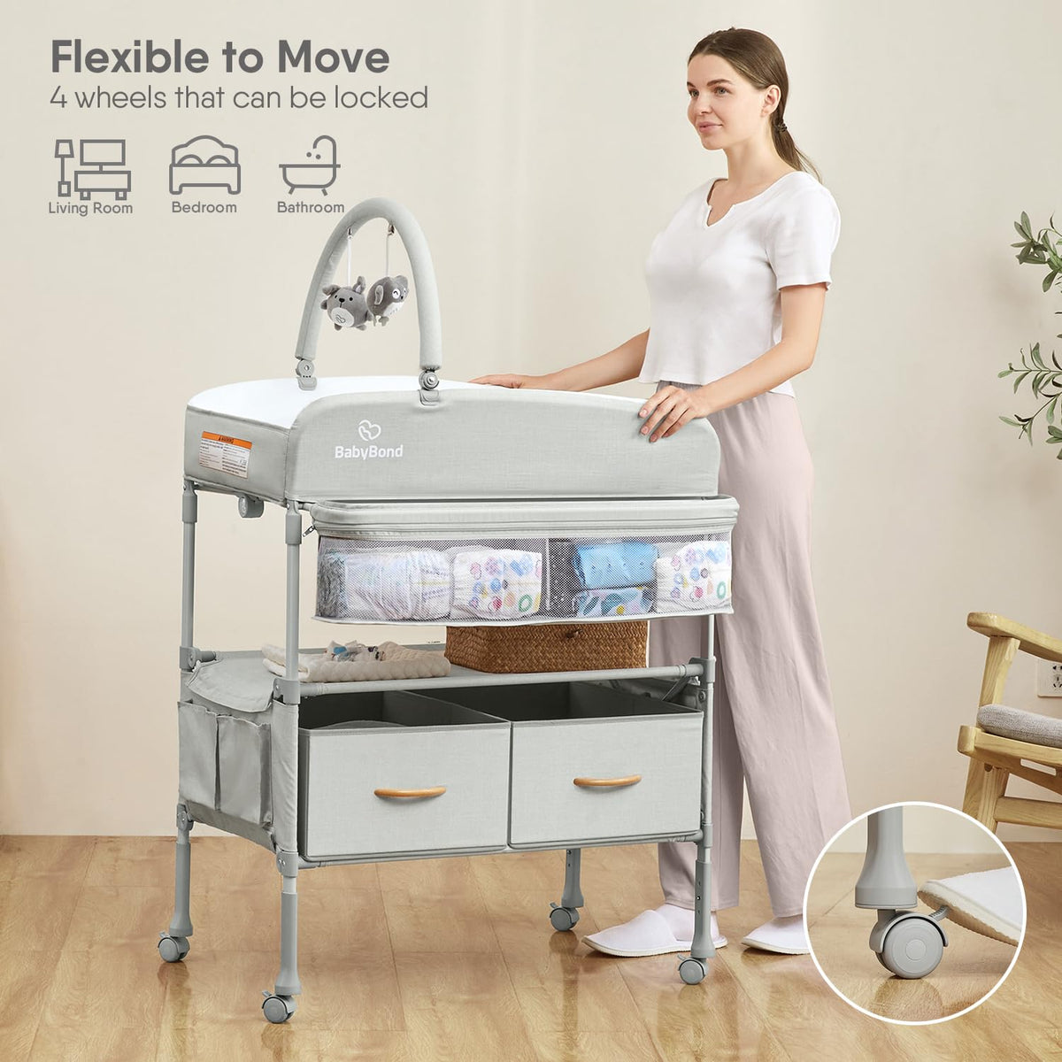 Beige Foldable Baby Changing Table with 2 Storage Baskets R546