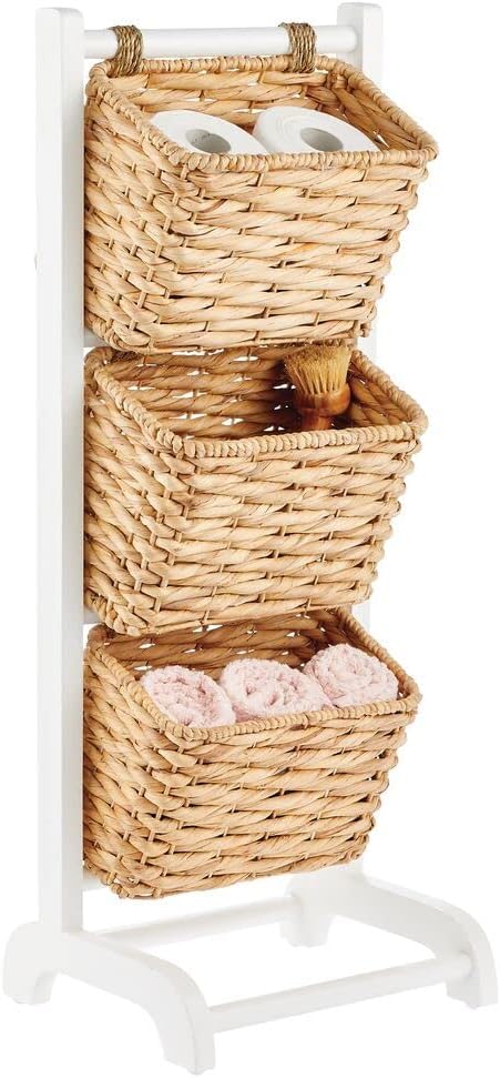 3 Tier Vertical Wood Storage Basket Stand with 3 Basket Bins - White/Natural/Tan J2162