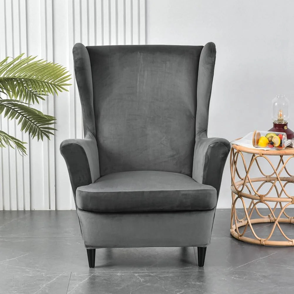 Dark Grey Velvet Stretch Wingback Chair Sofa Slipcover with Elastic Bottom R438