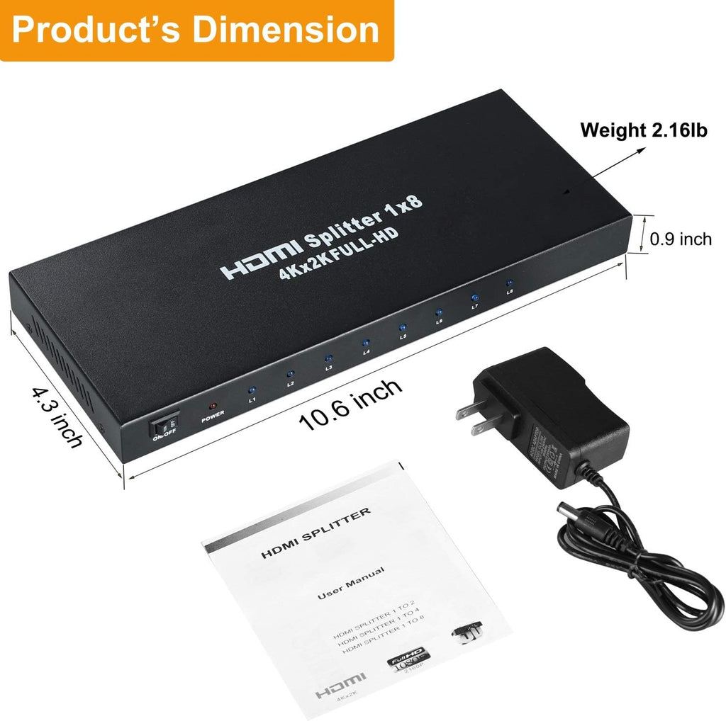 4K 1x8 HDMI Splitter Powered 8way Audio Video Distributor Amplifier with Charger K844
