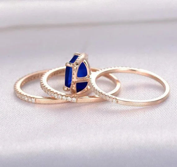 Princess Cut Blue Sapphire And Moissanite Diamond Halo Trio Wedding Ring Bridal Set in 10k Rose Gold B622