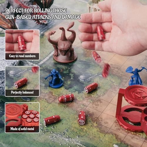 Metal Polyhedral Bullet Dice Set of 7 with Spinning Revolver Cylinder Container (Blue) Z5890