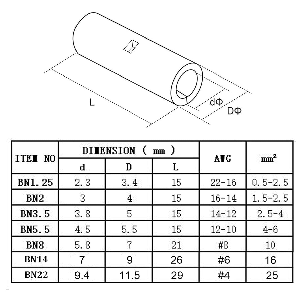 10Pcs Non Insulated Butt Connectors I974