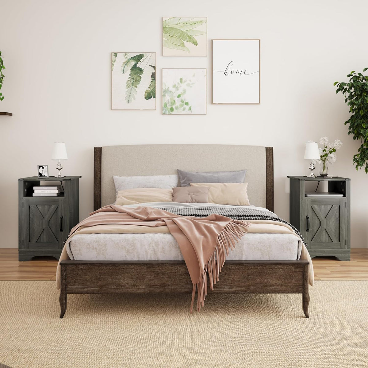 Dark Gray Wooden Nightstand with Electrical Outlets Charging Station (2 Sets) D95171