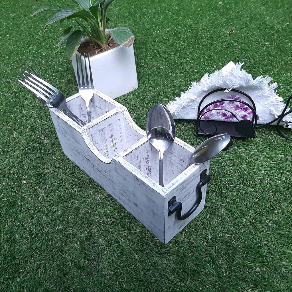 White Wood Silverware Holder Caddy E9808