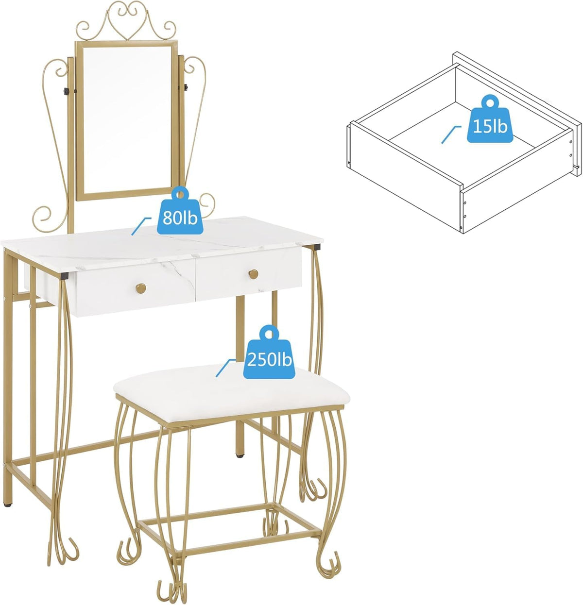 White Vanity Mirror Table Set with Stool W367