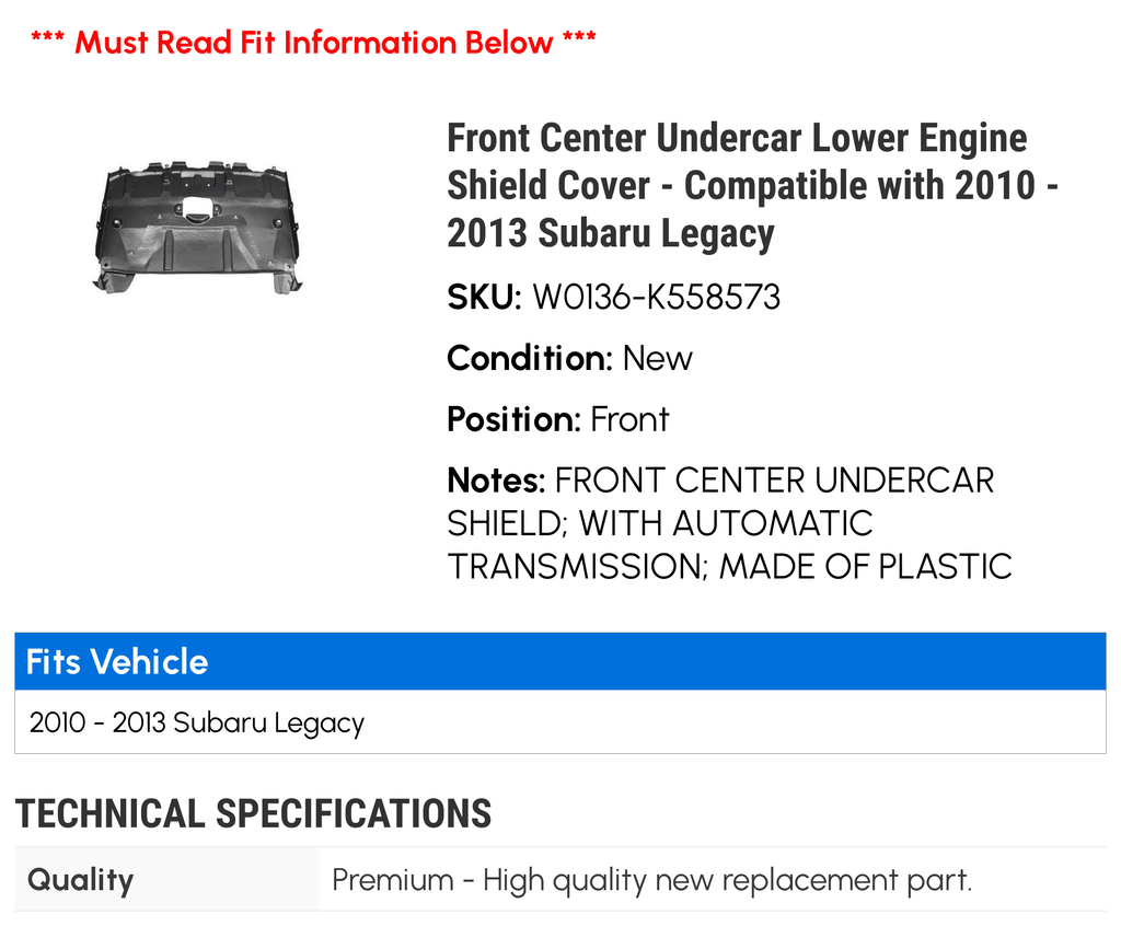 Front Center Lower Engine Shield Cover N8896