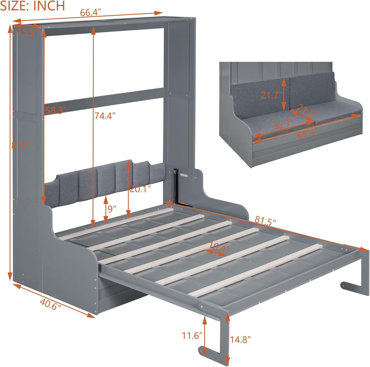 Queen Size Solid Wood Murphy Bed with Upholstered Headboard (Gray) F7103