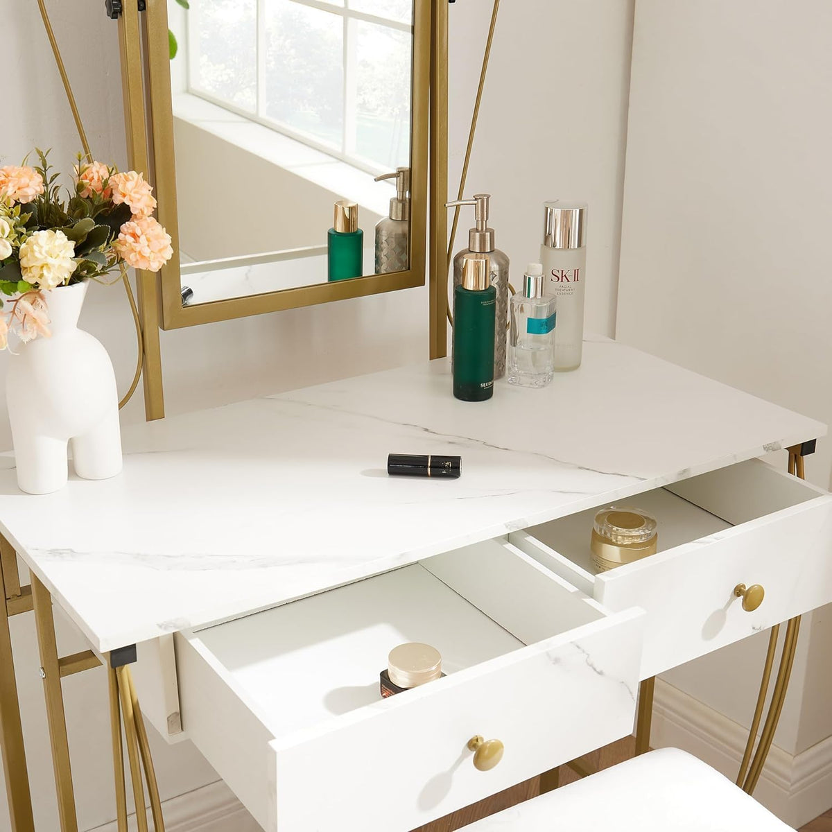 White Vanity Mirror Table Set with Stool W367