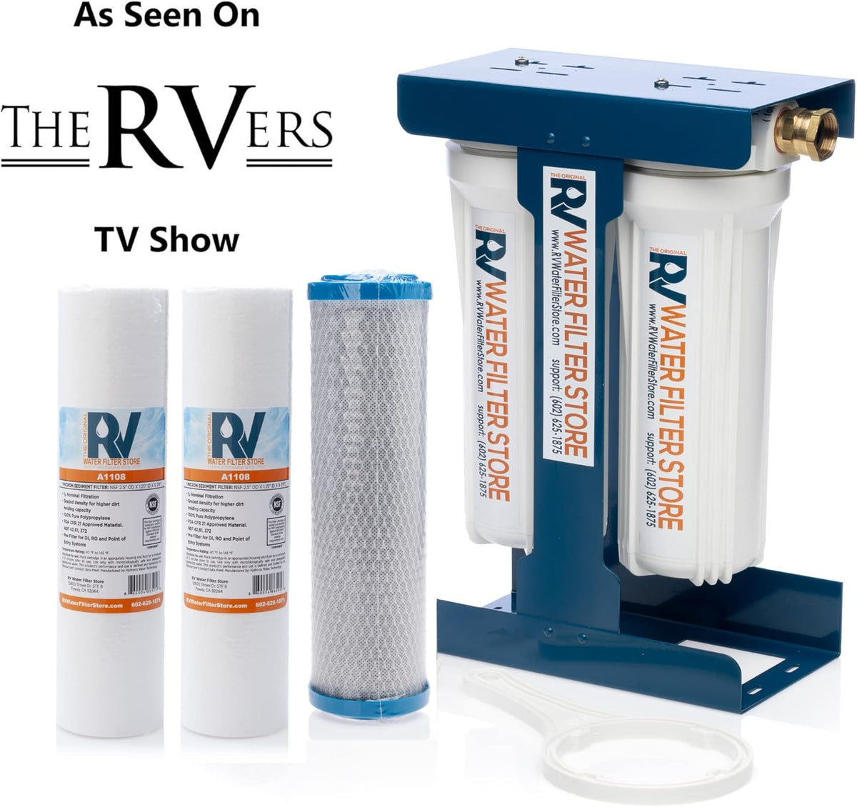 RV Water Filter System with Universal Blue Cage Mounting Bracket and Brass Hose Fittings I275