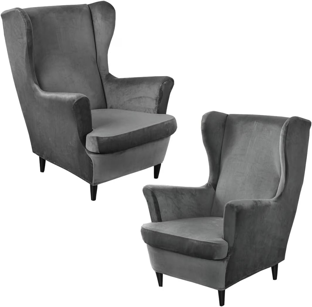 Dark Grey Velvet Stretch Wingback Chair Sofa Slipcover with Elastic Bottom R438