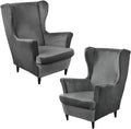 Dark Grey Velvet Stretch Wingback Chair Sofa Slipcover with Elastic Bottom R438