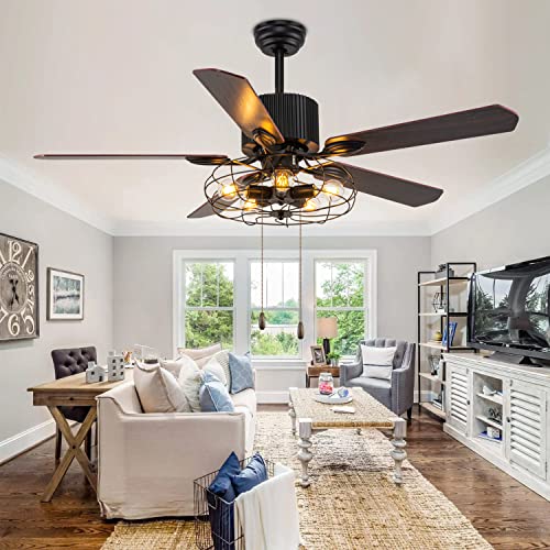 52" Black Ceiling Fan with Lights Remote Control Pull Chain 5 Reversible Blades H8484