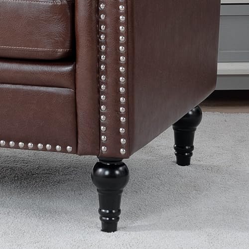 Brown Leather Square Arm Tufted Single Sofa Chair with Nailheads and Solid Wood Legs O397