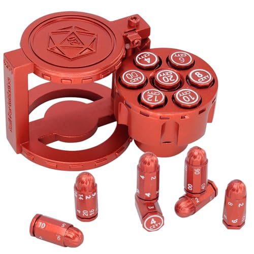 Metal Polyhedral Bullet Dice Set of 7 with Spinning Revolver Cylinder Container (Blue) Z5890