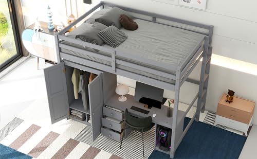 White Full Size Loft Bed with Wardrobe, Desk and Storage Drawers E62587
