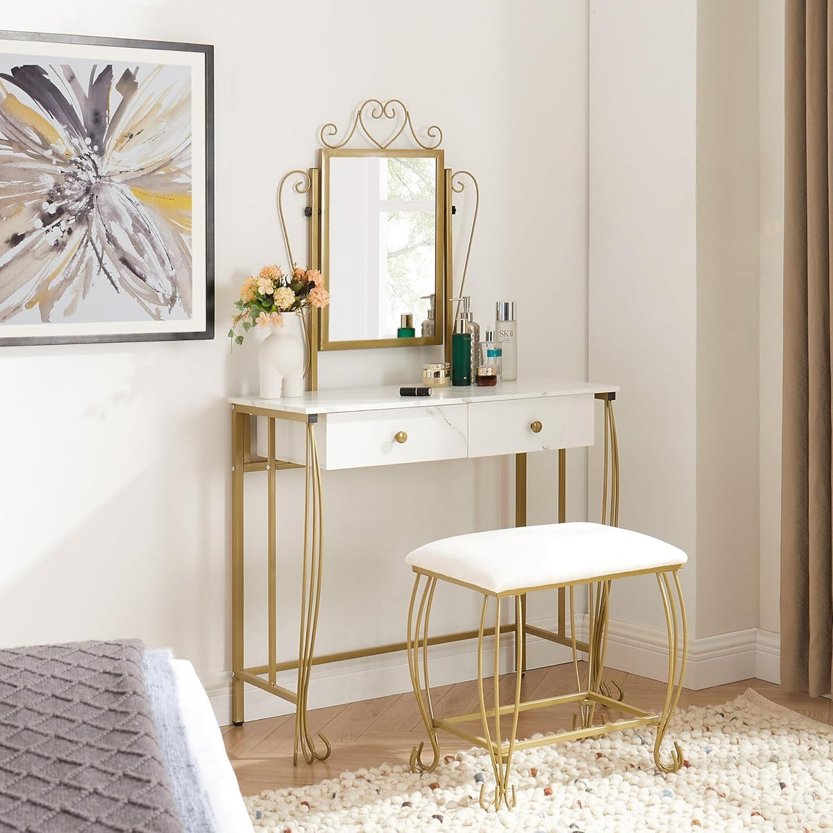 White Vanity Mirror Table Set with Stool W367