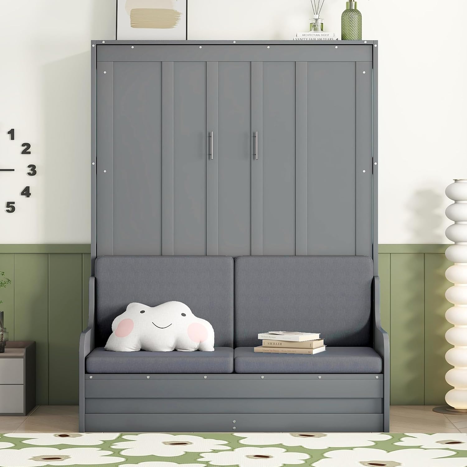 Queen Size Solid Wood Murphy Bed with Upholstered Headboard (Gray) F7103