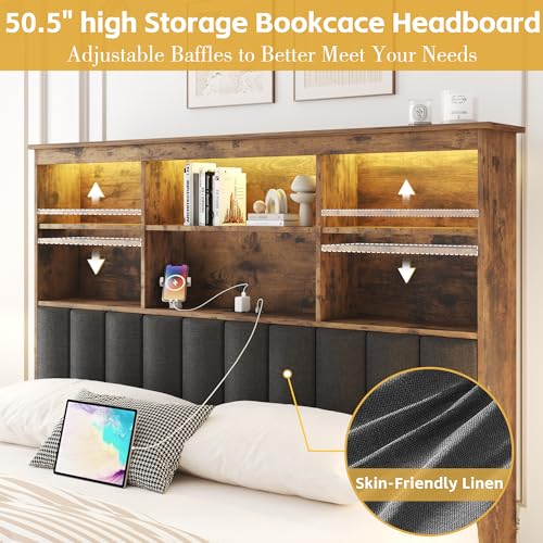 Rustic Grey Queen Bed Frame with Headboard, 4 Storage Drawers, Charging Station, LED N410954