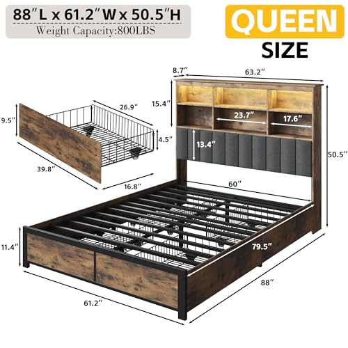 Rustic Grey Queen Bed Frame with Headboard, 4 Storage Drawers, Charging Station, LED N410954