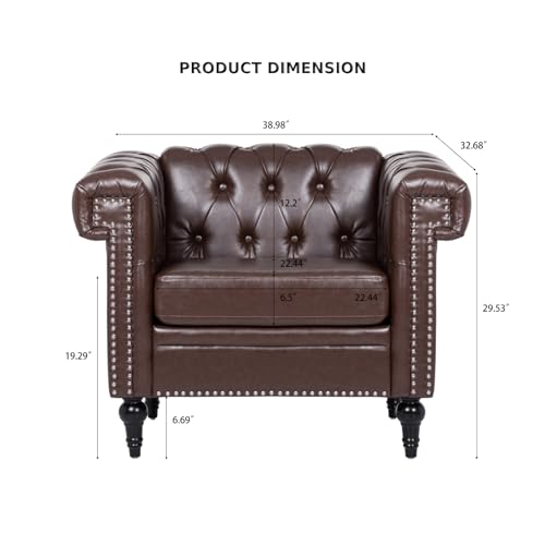 Brown Leather Square Arm Tufted Single Sofa Chair with Nailheads and Solid Wood Legs O397