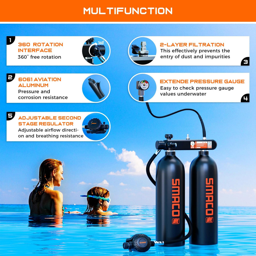 Mini Scuba Diving Tank 1.9L Double Scuba Tank Reusable Small Pony Bottle with 30-45 Mins Portable Twin Diving Air Tank Kit Diving Oxygen Cylinder U941048