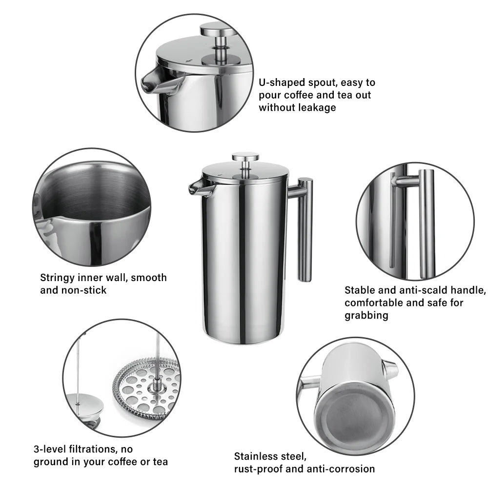 800ml Stainless Steel Coffee Press with 3 Filters Y98192