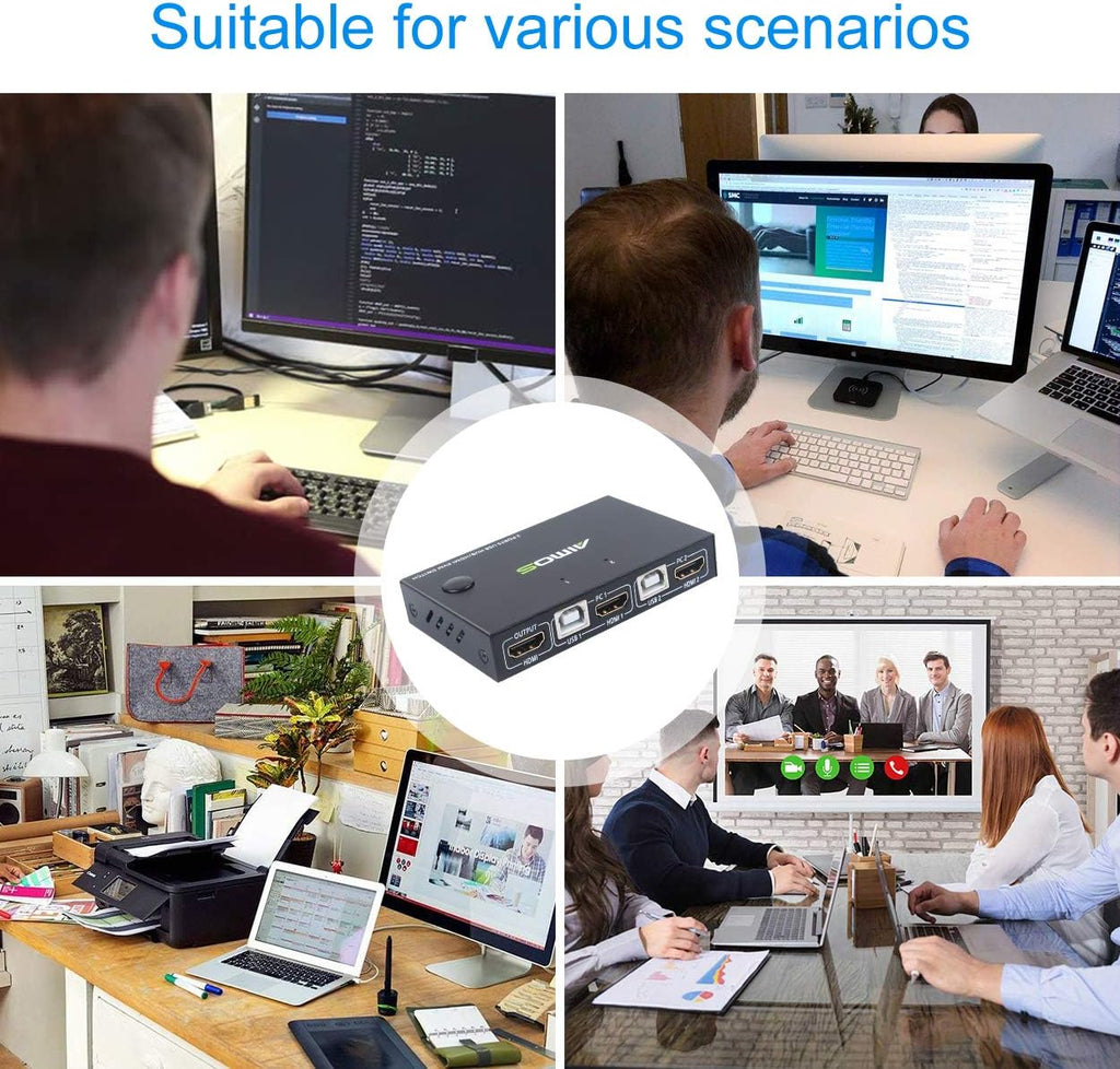KVM Switch HDMI 2 Port Box with 4 USB Hub, UHD 4K@30Hz, 2 HDMI Cables and 2 USB Cables P78719