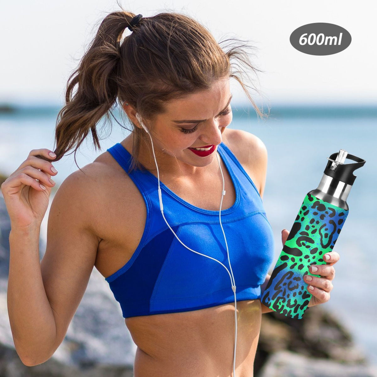 Green Blue Leopard 20 OZ Vacuum Insulated Stainless Steel Water Bottle with Straw Lid V55223