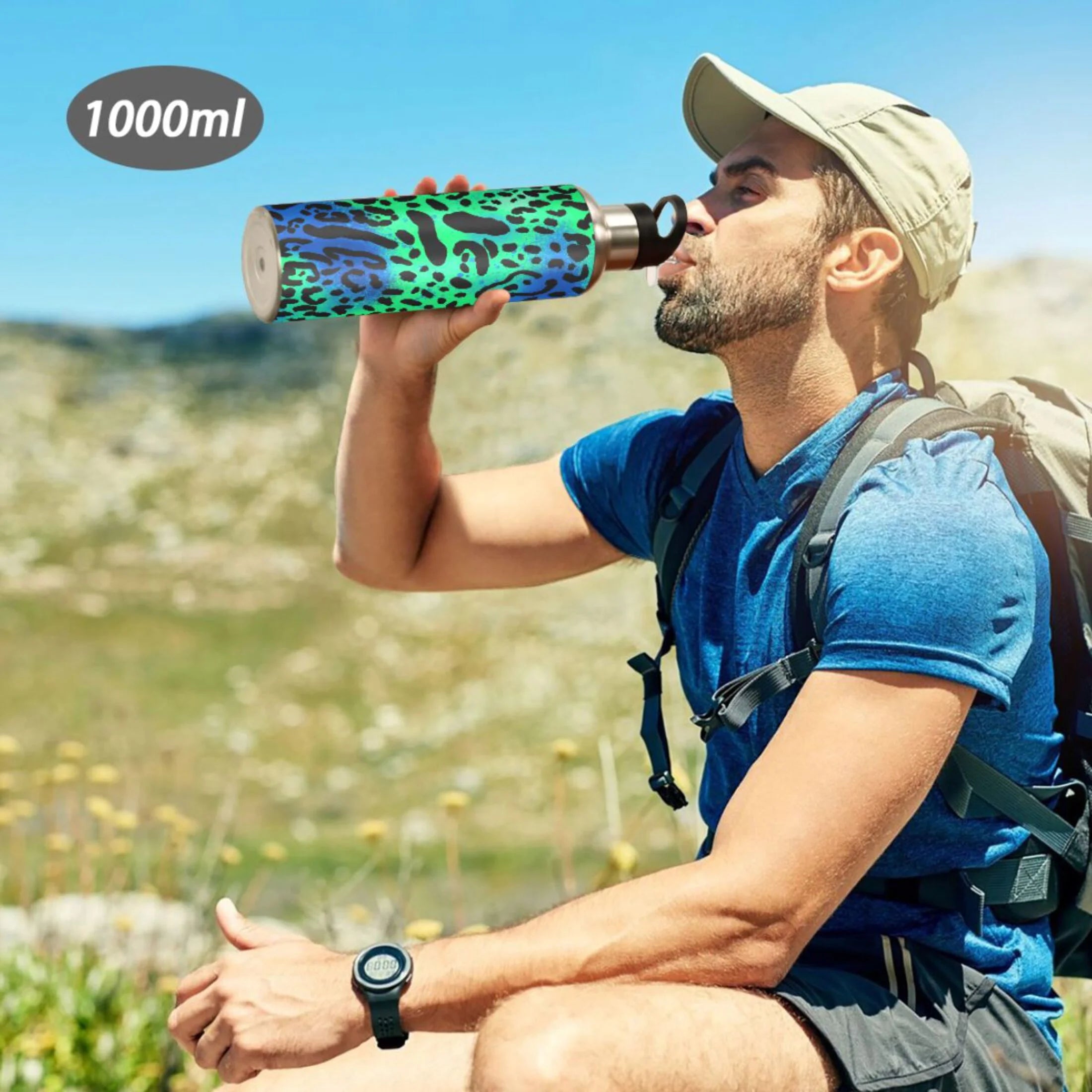 Green Blue Leopard 20 OZ Vacuum Insulated Stainless Steel Water Bottle with Straw Lid V55223